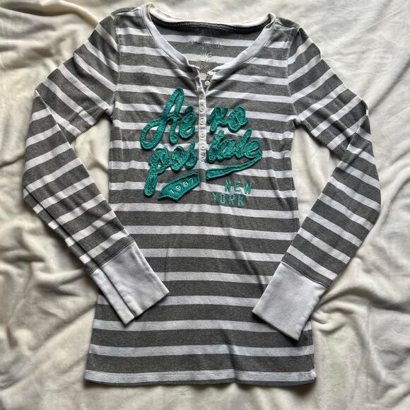 Y2K Aéropostale logo white and grey striped henley ribbed long sleeve tee large - Picture 1 of 8